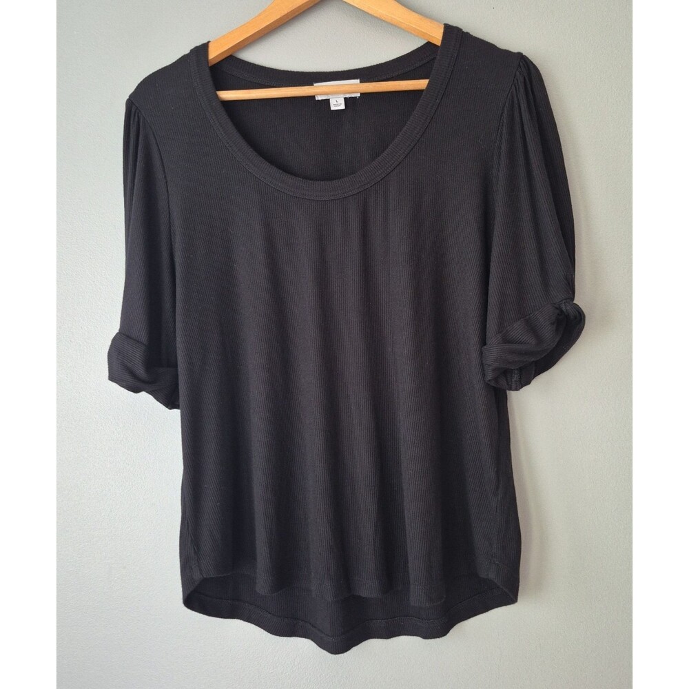Evereve Black Ribbed Short Sleeve Scoop Neck Casual Basic Top Tee Womens Large